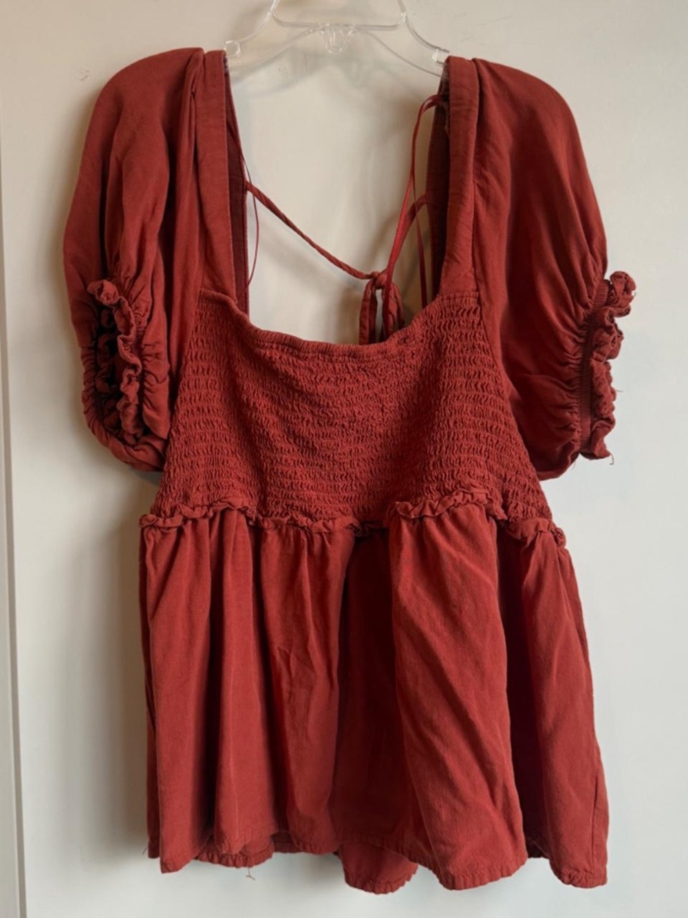 XS orange True Craft peplum blouse with puff sleeves